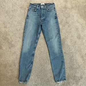 Agolde Nico High Rise Straight slim Crop Jeans button-fly raw unfinished hem 24